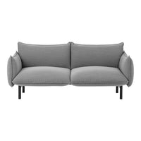 Gray upholstered sofa with a sleek design and rounded armrests, featuring subtle textured fabric and black metal legs.
