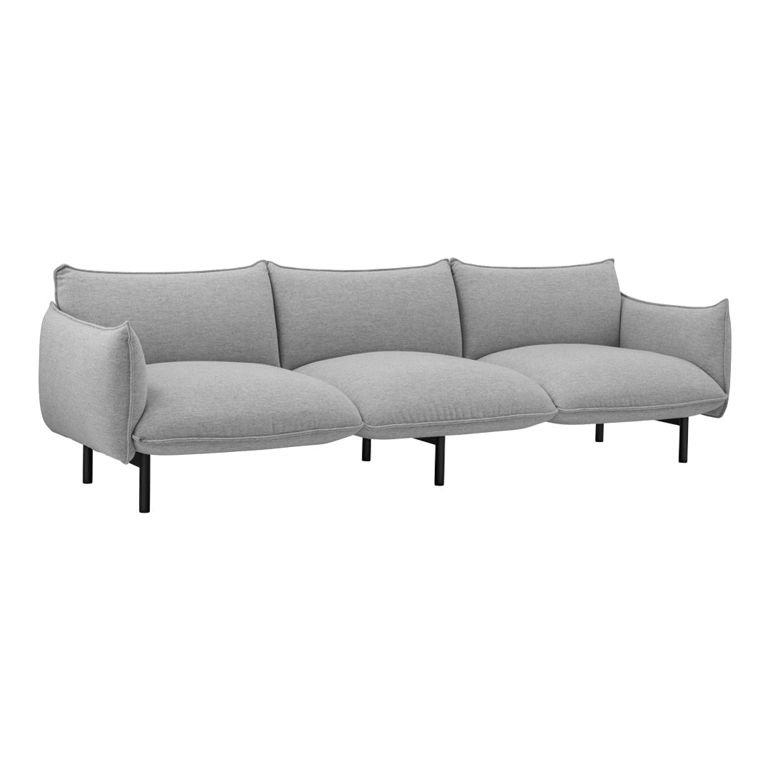 Modern gray sofa in a smooth fabric with a minimalist design and soft, rounded cushions. Ideal for contemporary spaces.