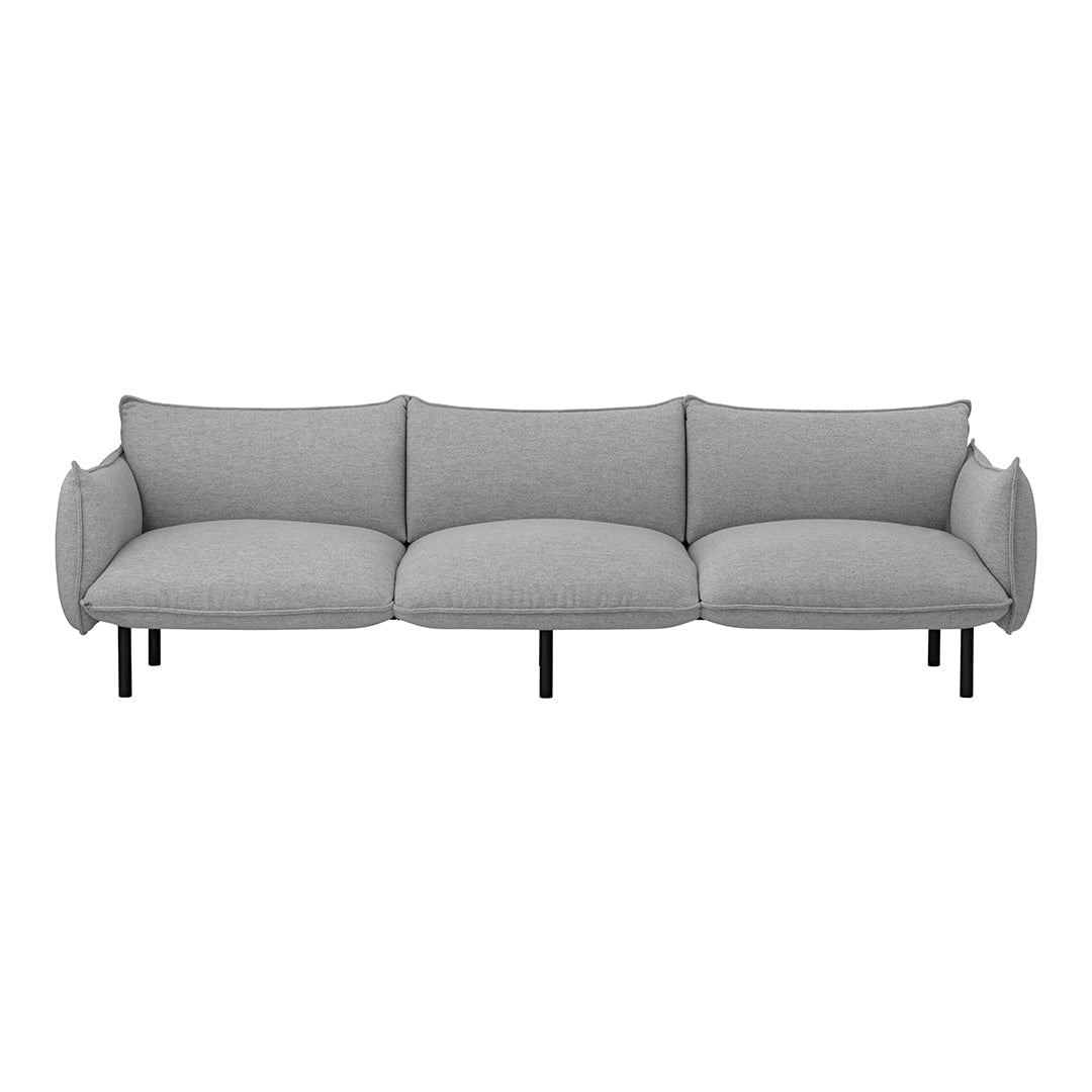 Gray upholstered sofa with smooth, solid pattern and black metal legs, perfect for modern living spaces.