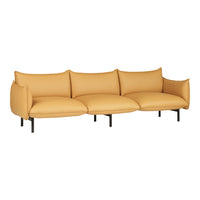 Yellow modern sofa with smooth cushions and sleek black legs, perfect for contemporary living spaces.