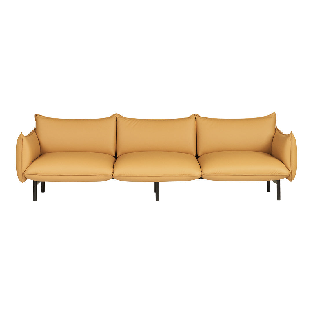 Mustard yellow modern couch with smooth, rounded cushions and sleek black metal legs. Sophisticated and stylish design.