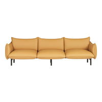 Mustard yellow modern couch with smooth, rounded cushions and sleek black metal legs. Sophisticated and stylish design.