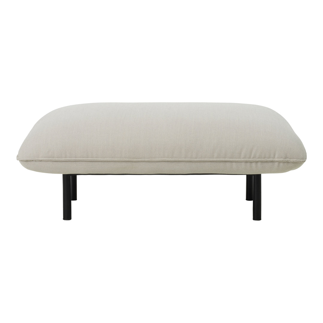 Stylish beige rectangular ottoman with a textured surface and sleek black legs. Perfect for modern decor.