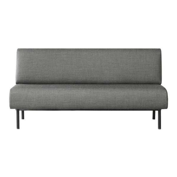 Gray upholstered sofa with a smooth, minimalist design and black metal legs. Perfect for modern interiors.