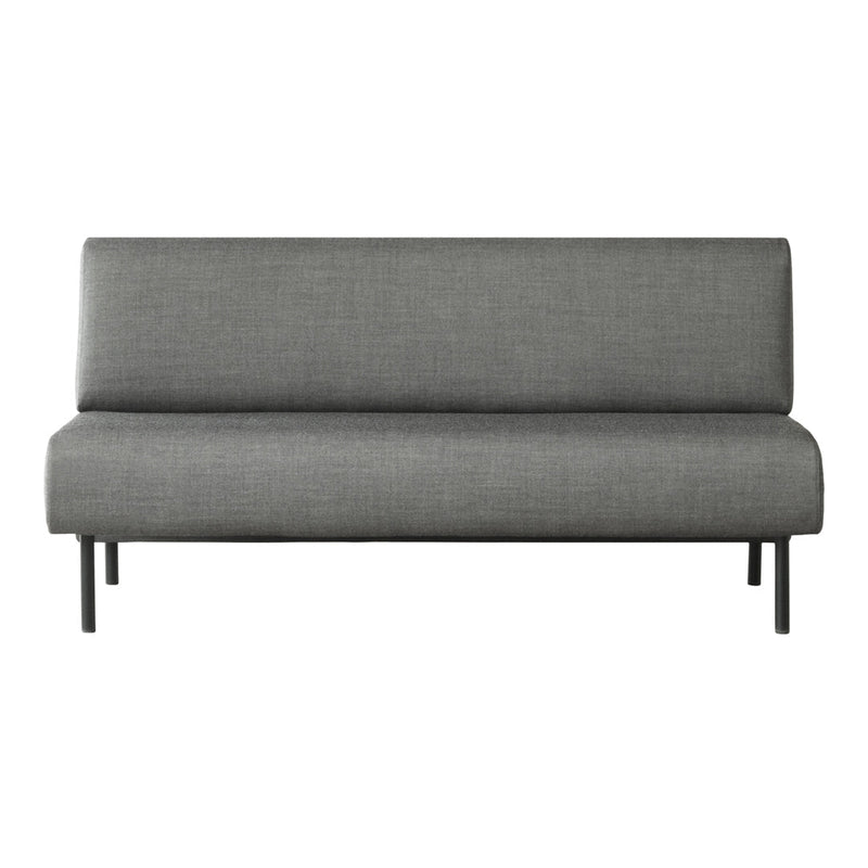 Gray upholstered sofa with a smooth, minimalist design and black metal legs. Perfect for modern interiors.