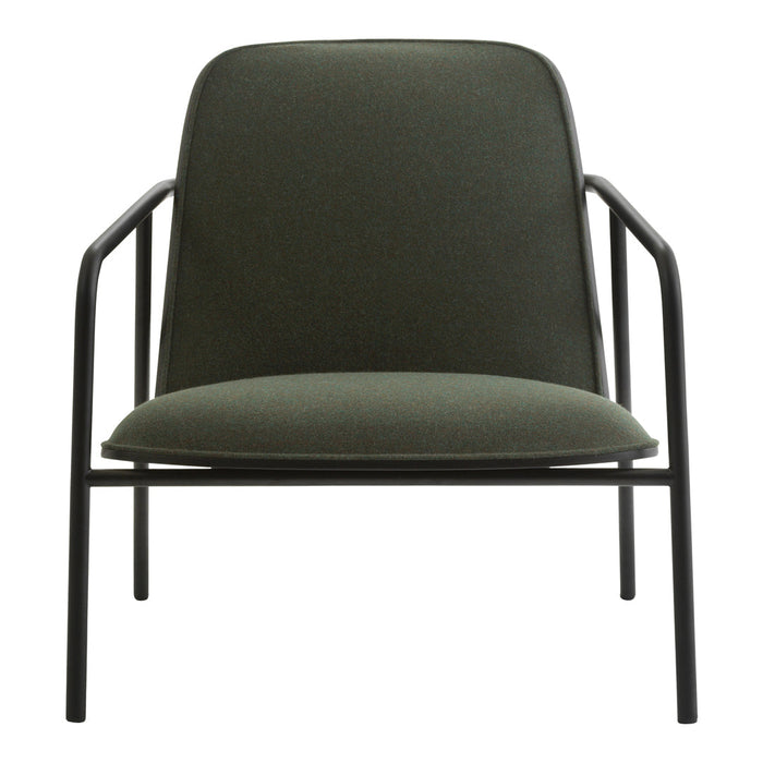Olive green upholstered chair with a sleek black metal frame, featuring clean lines and a minimalist design.