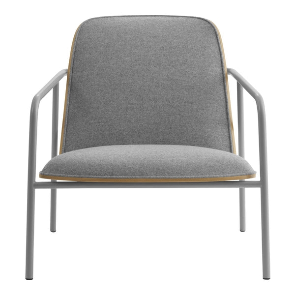Gray upholstered chair with a sleek gray metal frame and subtle gold trim detailing. Modern minimalist design.