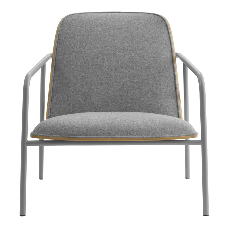 Gray upholstered chair with a sleek gray metal frame and subtle gold trim detailing. Modern minimalist design.