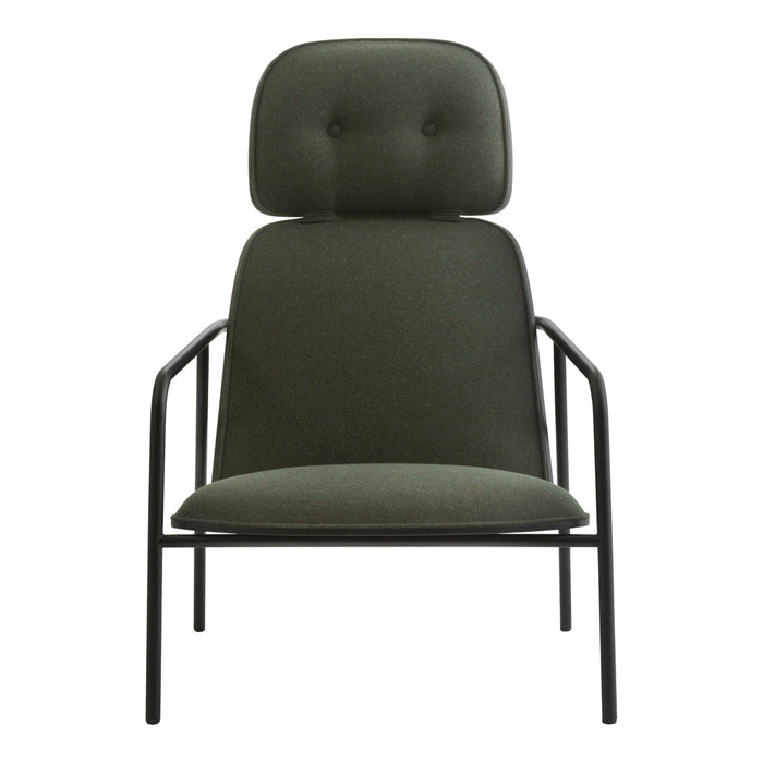 Stylish green upholstered chair with a sleek black metal frame and tufted detailing. Ideal for modern décor.