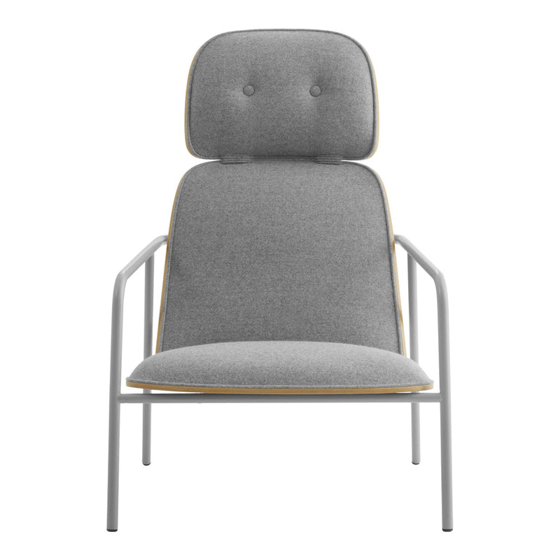 Grey upholstered chair with button detailing and a sleek metal frame, offering a modern and minimalist design.