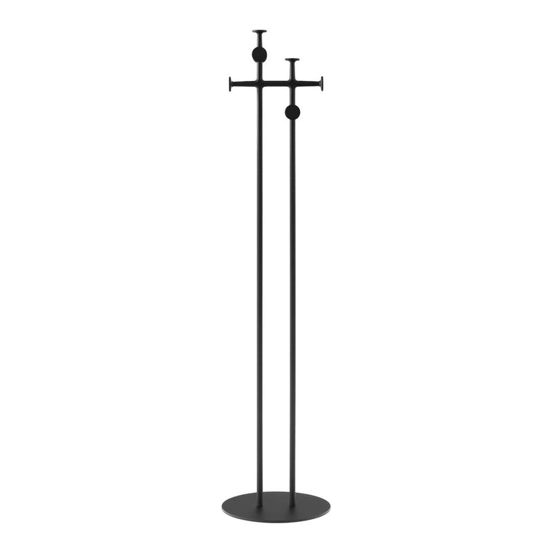Black metal coat rack with a minimalist design and sleek vertical lines, featuring round accents. Perfect for modern decor.