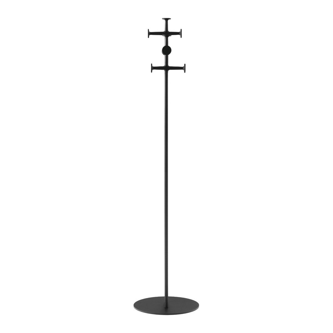 Sleek black metal coat stand with a minimalist design and unique cross-pattern accents.