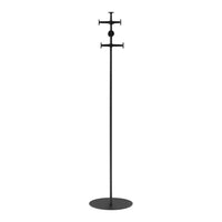 Sleek black metal coat stand with a minimalist design and unique cross-pattern accents.