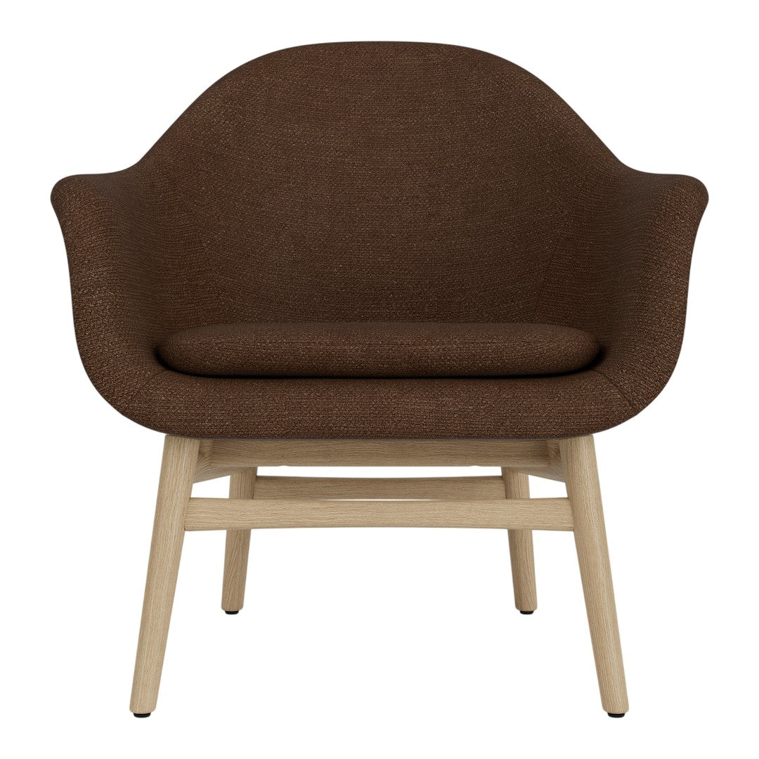 Brown upholstered chair with a smooth texture and light wooden legs, featuring a modern, minimalist design.