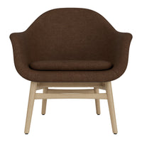 Brown upholstered chair with a smooth texture and light wooden legs, featuring a modern, minimalist design.