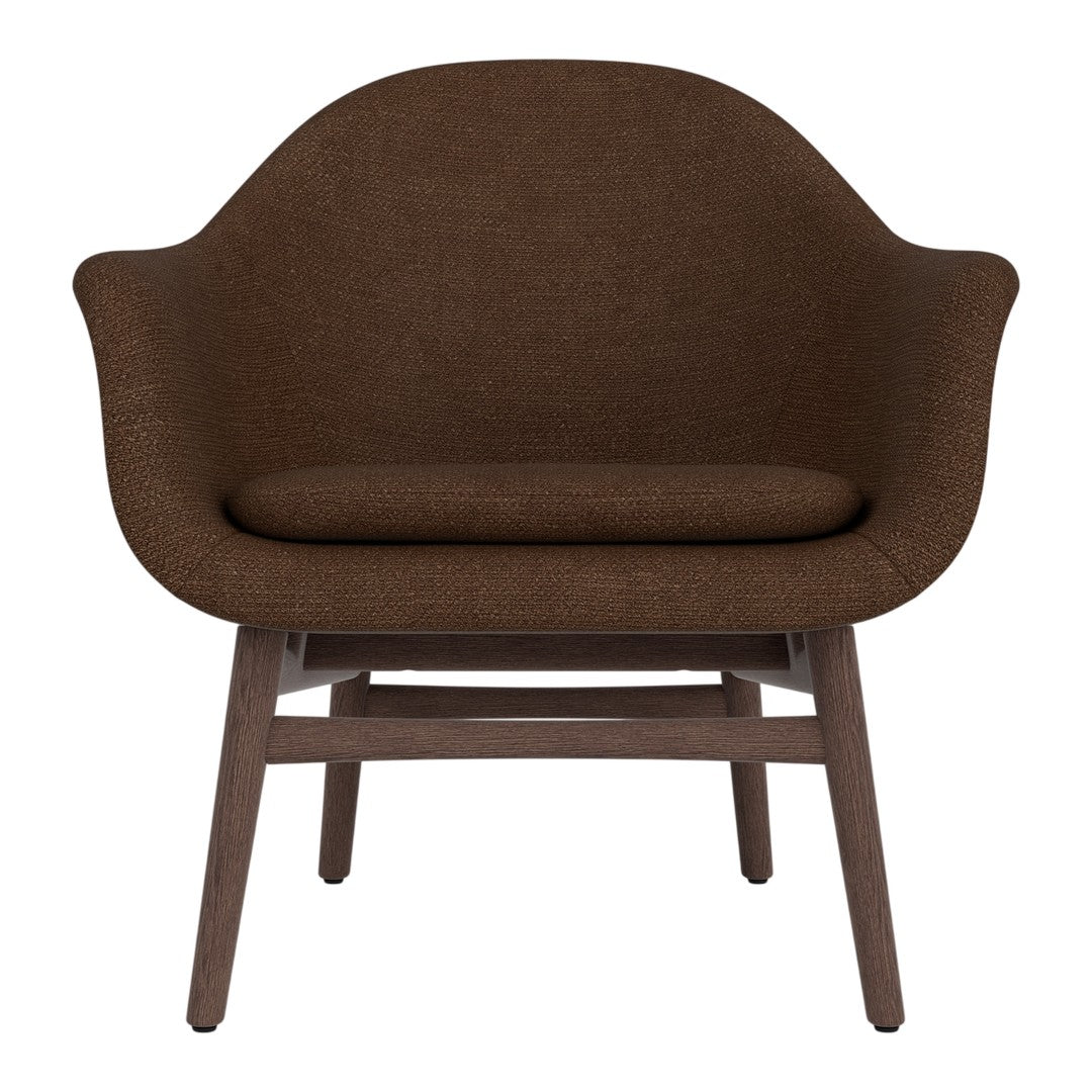Brown upholstered chair with smooth, rounded edges and a minimalist wooden frame. Perfect for modern decor.