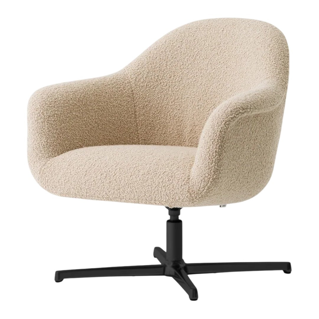 Beige boucle armchair with a soft texture and sleek black swivel base. Perfect for modern interiors.