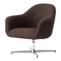 Brown upholstered swivel chair with a minimalist design and chrome legs, perfect for modern interiors.