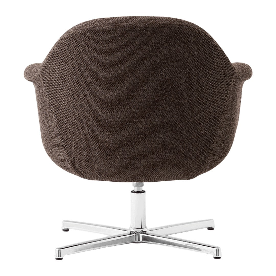 Brown upholstered chair with a soft texture and minimalist design, featuring a sleek chrome base.