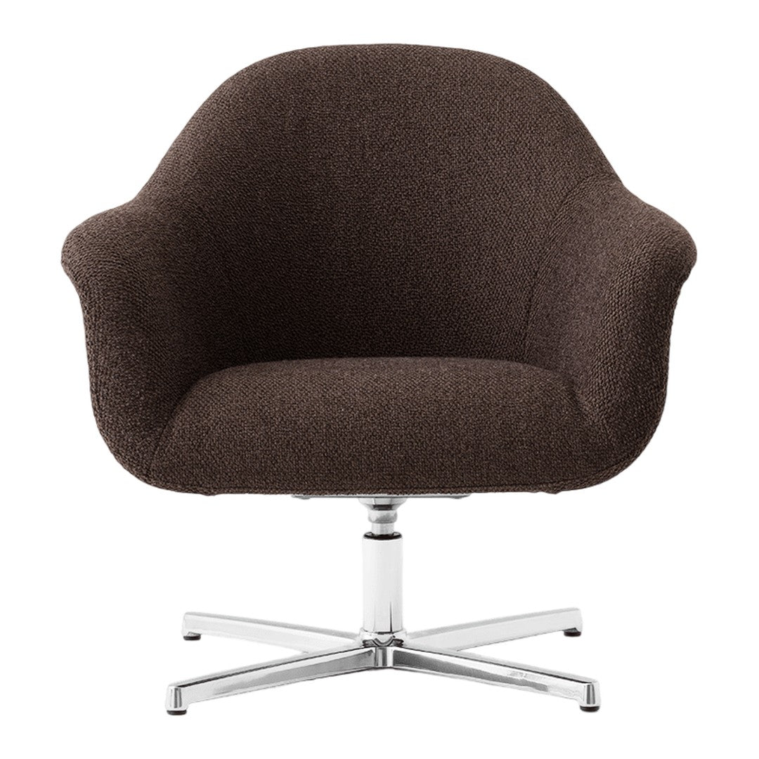Brown fabric swivel chair with a textured finish, featuring a sleek chrome base and smooth, curved silhouette.