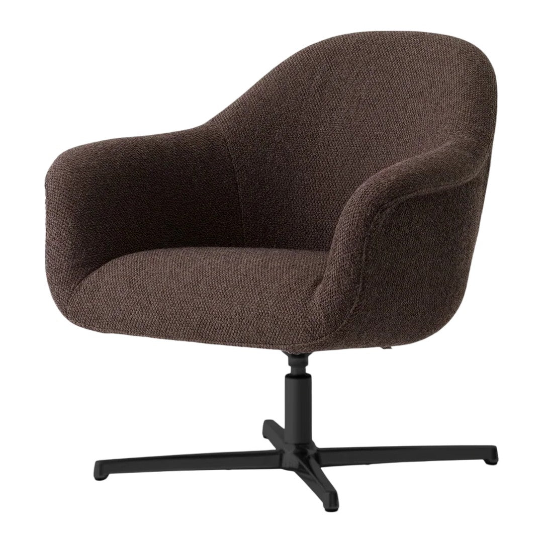 Brown upholstered chair with a smooth, curved design and a black metal base, showcasing a textured pattern.