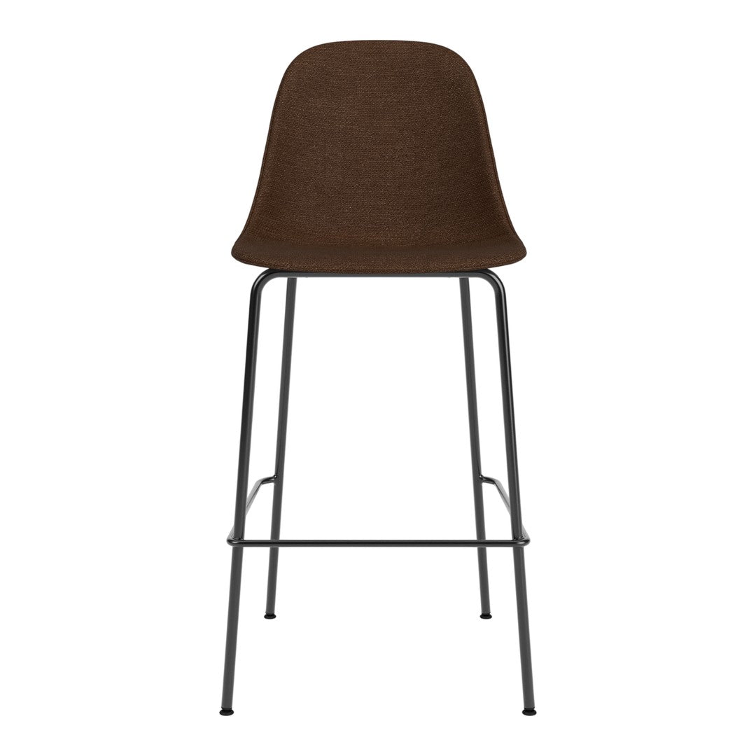 Brown upholstered bar stool with sleek black metal legs, perfect for modern decor.