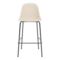 Beige bar stool with a smooth, curved seat and minimalist black metal legs. Ideal for modern interiors.