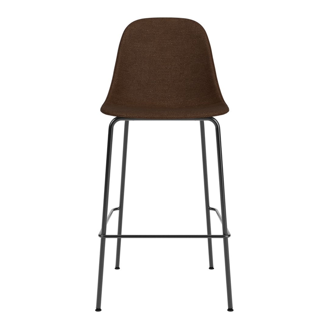 Brown upholstered bar stool with a sleek black metal frame, featuring a modern, minimalist design.