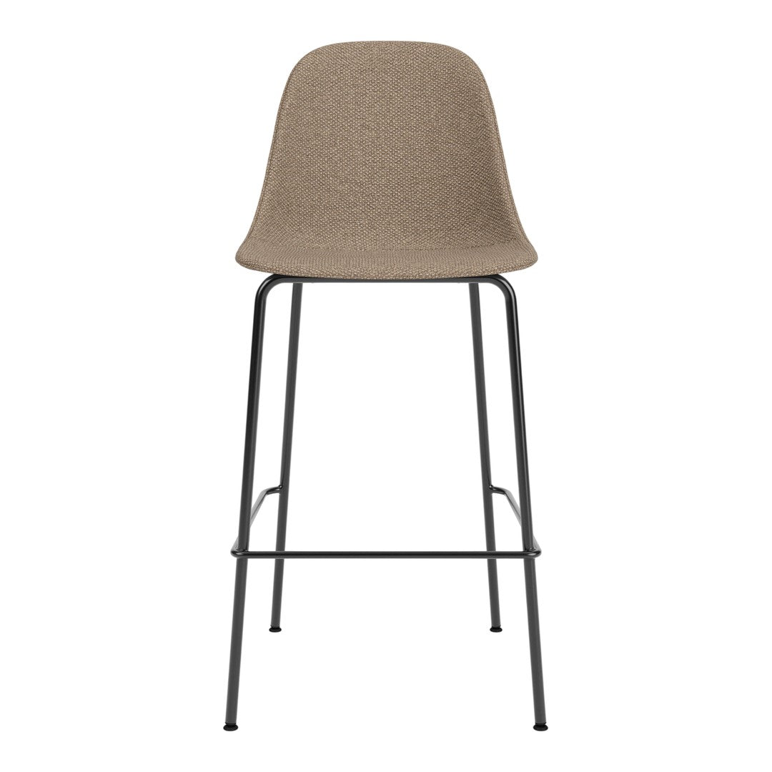 Modern bar stool featuring a textured brown seat and sleek black metal legs. Perfect for contemporary spaces.