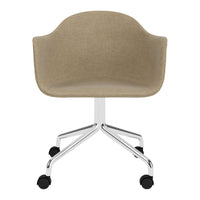 Beige upholstered chair with a smooth finish and chrome base, featuring a minimalist design and sleek wheels.