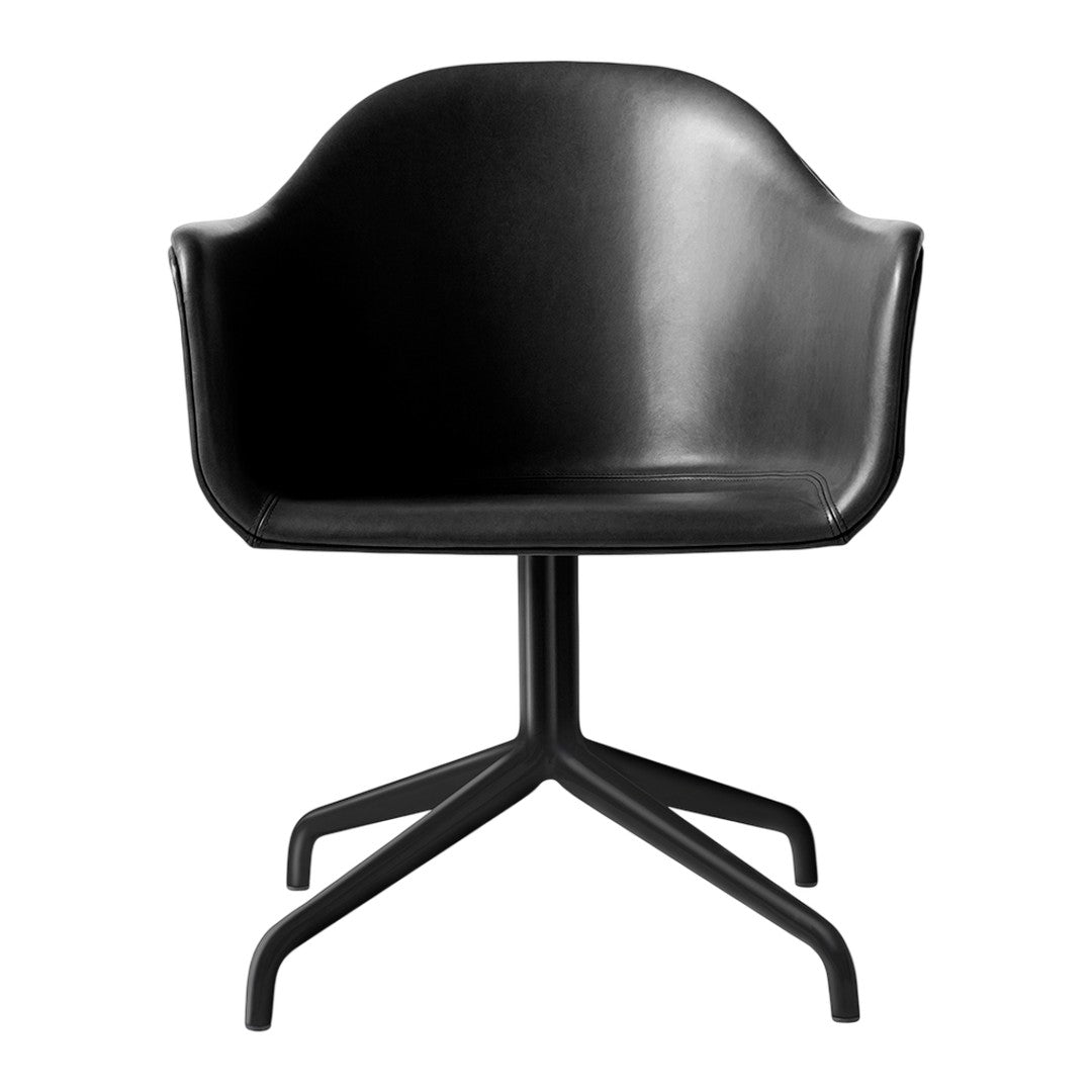Black modern chair with a sleek design and smooth finish, featuring a minimalist pattern and clean lines.
