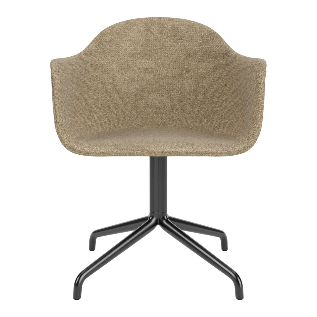 Beige fabric chair with a sleek black base, featuring a minimalist design and smooth, curved lines.