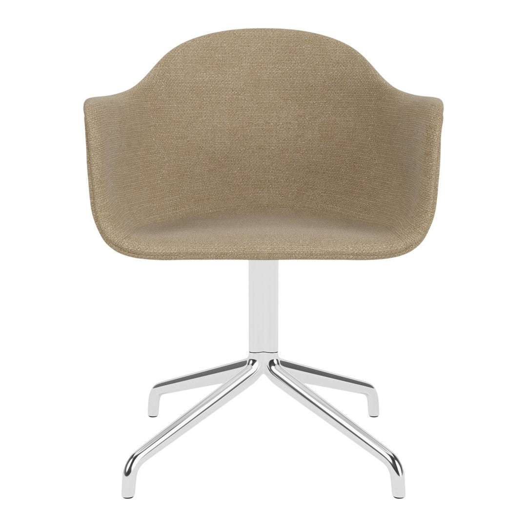 Beige upholstered chair with a smooth texture and chrome base, featuring a round back and sleek modern design.