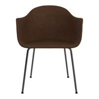 Brown fabric chair with sleek black metal legs, featuring a simple, modern design. Perfect for contemporary spaces.