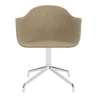 Beige fabric chair with a sleek chrome base, featuring a minimalist design and smooth curves. Ideal for modern decor.