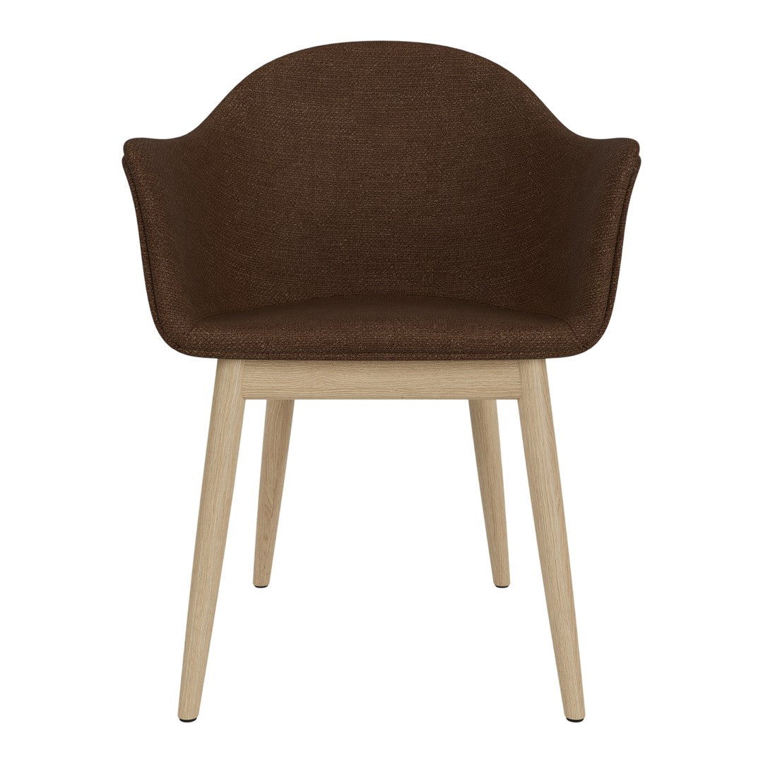 Brown textured chair with smooth wooden legs, offering a contemporary and minimalist design. Perfect for modern spaces.