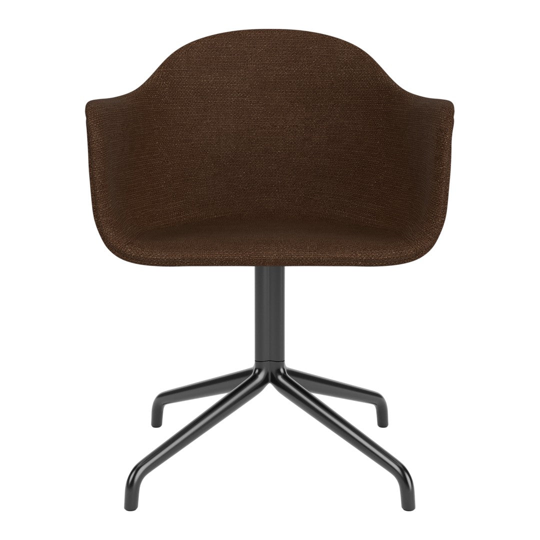 Brown upholstered chair with a minimalist design and black metal base.