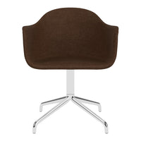 Brown upholstered chair with a sleek chrome base, featuring a modern, minimalist design.