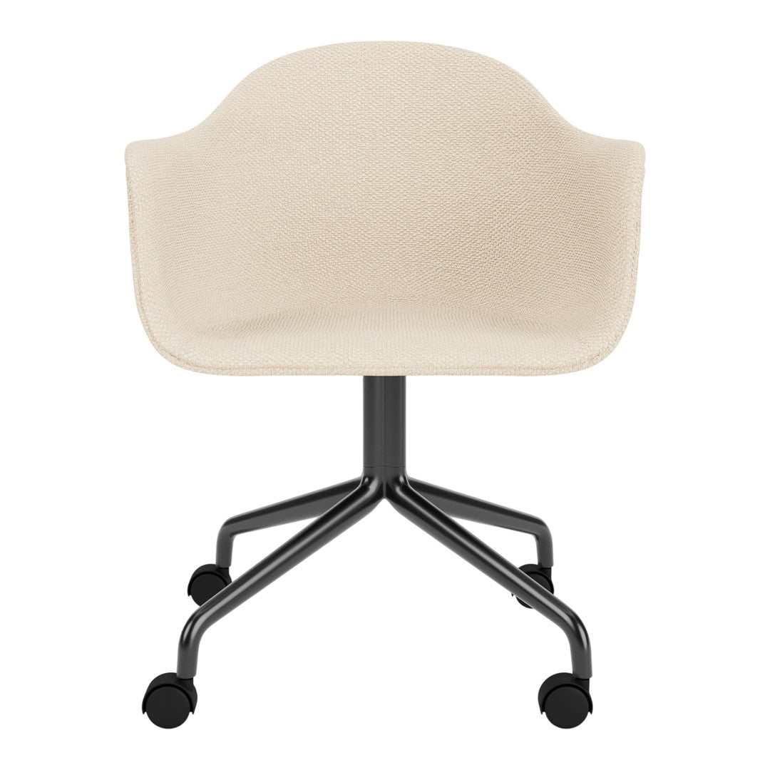 Beige upholstered chair with a smooth texture and a sleek black wheeled base, perfect for modern office decor.
