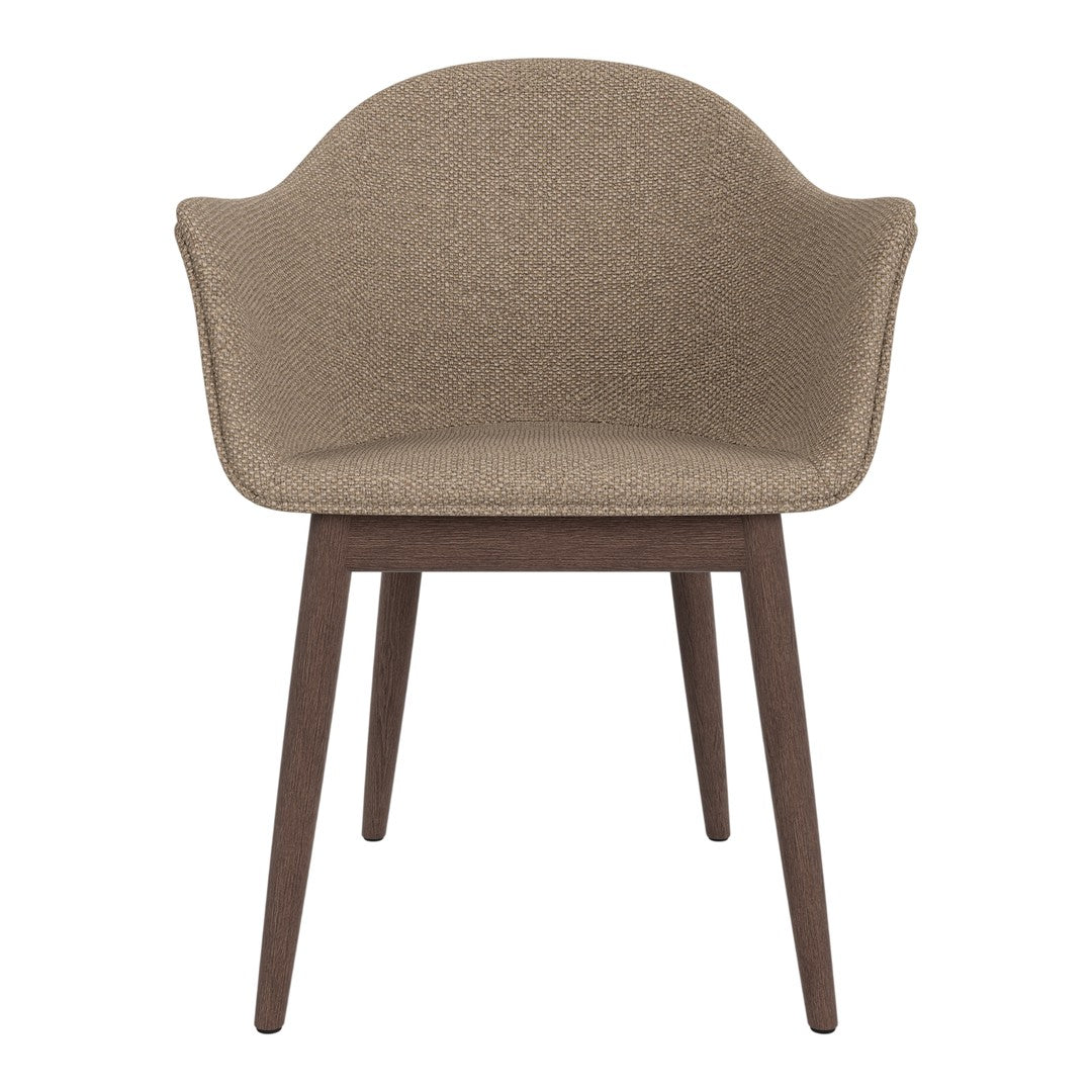 Beige upholstered chair with a smooth texture and dark wooden legs, featuring a minimalist design.