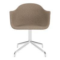 Beige upholstered chair with smooth, curved lines and a sleek chrome base. Perfect for modern interiors.