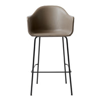 Light brown leather bar stool with a sleek black metal frame, featuring a smooth, minimalist design.