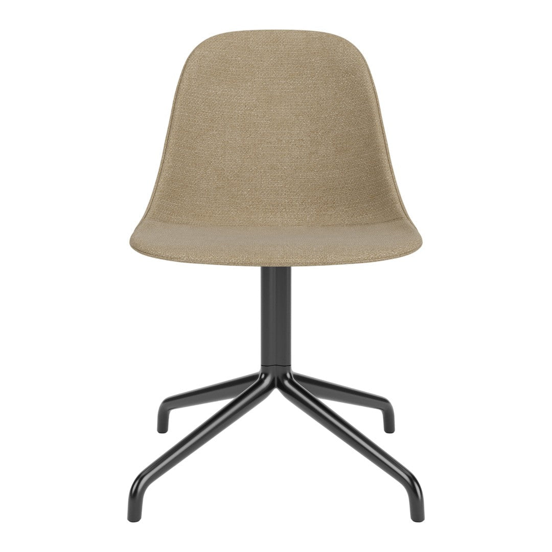 Beige upholstered chair with a smooth finish and a sleek black metal base, featuring a minimalist design.