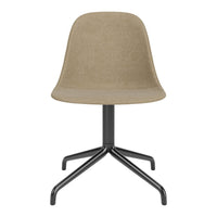 Beige upholstered chair with a smooth finish and a sleek black metal base, featuring a minimalist design.
