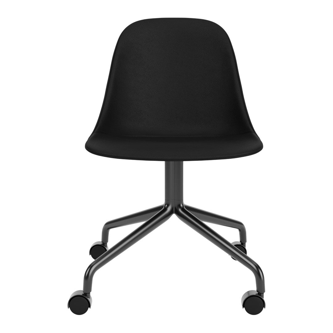Black ergonomic chair with a sleek, modern design and a smooth matte finish. Features a chrome base and rolling wheels.