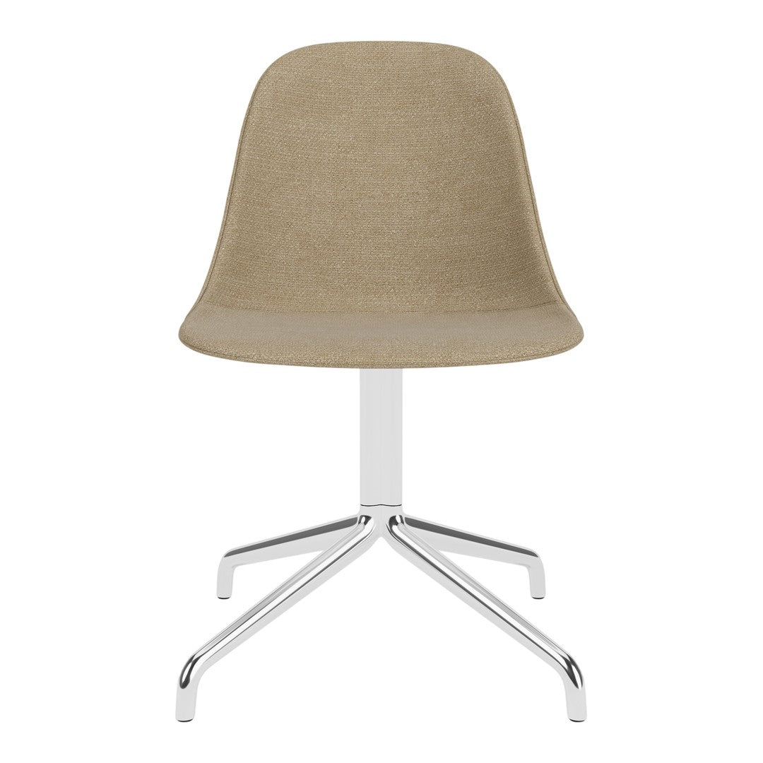 Beige textured chair with a smooth, minimalist design and a sleek chrome base, perfect for modern decorating.