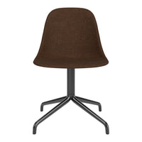 Brown upholstered chair with a sleek black metal base, featuring a simple, modern design.