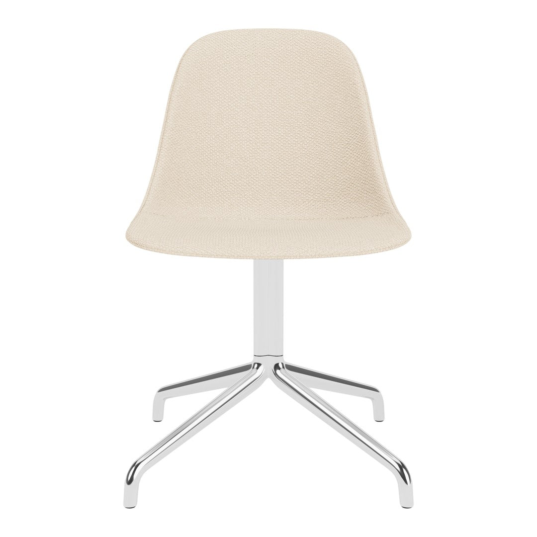 Beige fabric dining chair with a sleek chrome base, perfect for modern interiors. Minimalist design, no patterns.