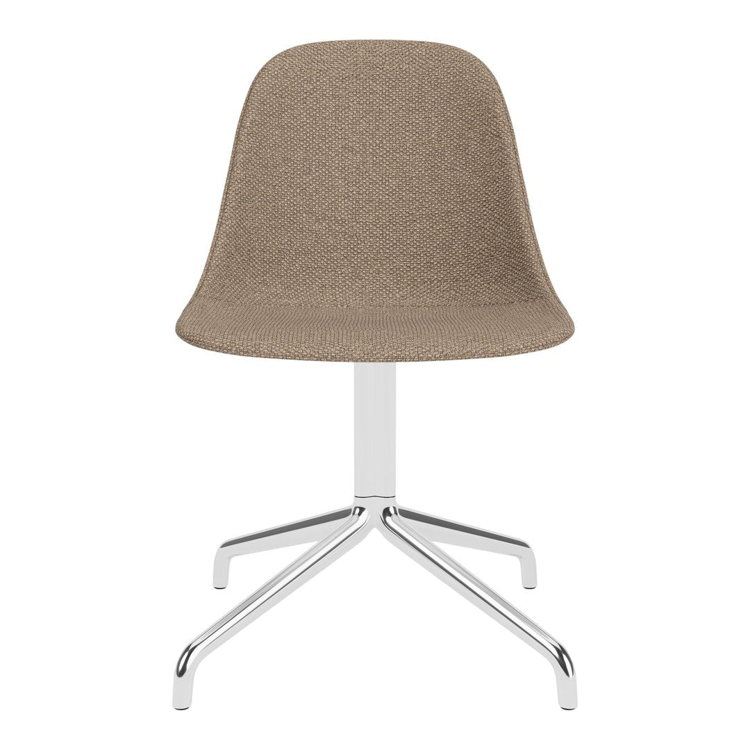 Modern brown upholstered chair with a smooth texture and sleek chrome base, perfect for contemporary spaces.