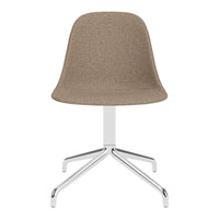Brown upholstered chair with a smooth texture and chrome base, featuring a minimalist design and modern silhouette.